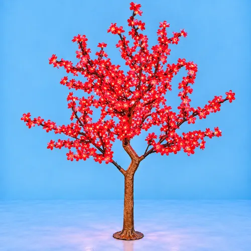 Árbol LED de flores rojas sobre fondo azul