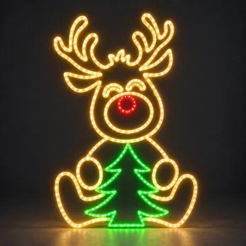 Reno luminoso con árbol navideño