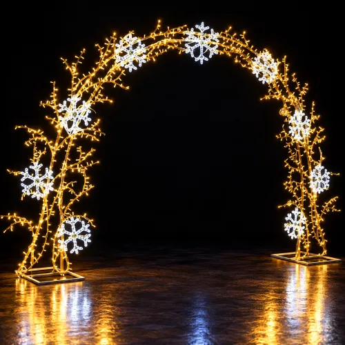 Arco navideño de luces doradas y copos blancos