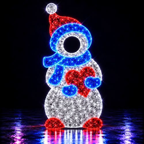 Muñeco de nieve luminoso con corazón rojo