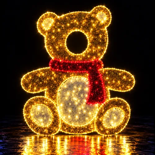 Oso navideño de luces sobre suelo mojado (1)