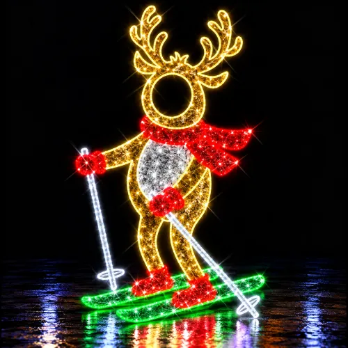 Reno navideño luminoso sobre esquís